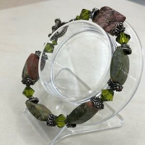Unakite stone and crystals boho style artisan bracelet.